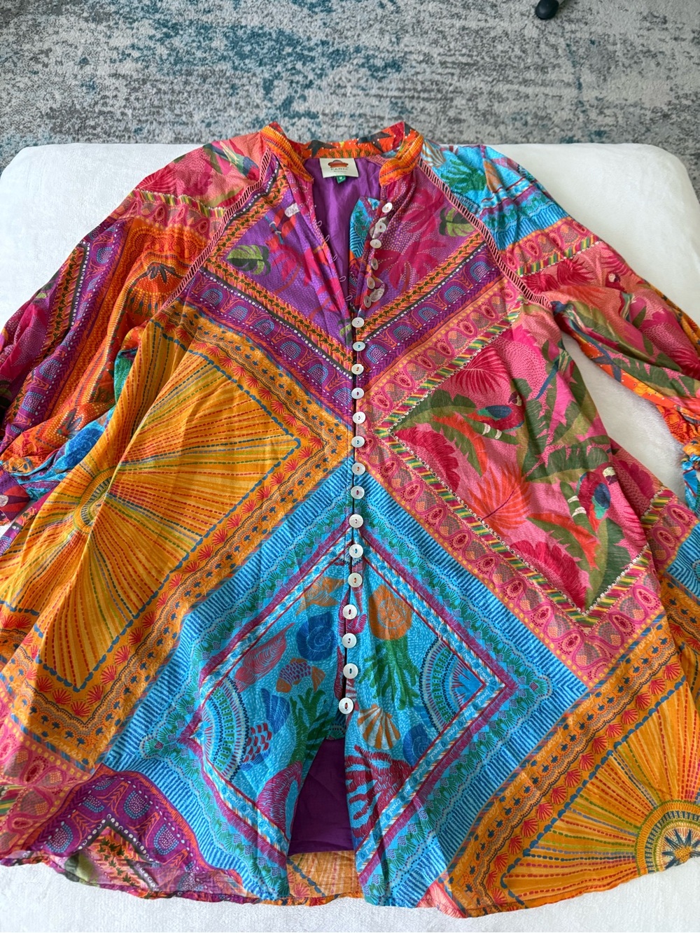 Farm Rio Button Front Mini Shirt Dress Size M Colorful Tropical Vacation D91